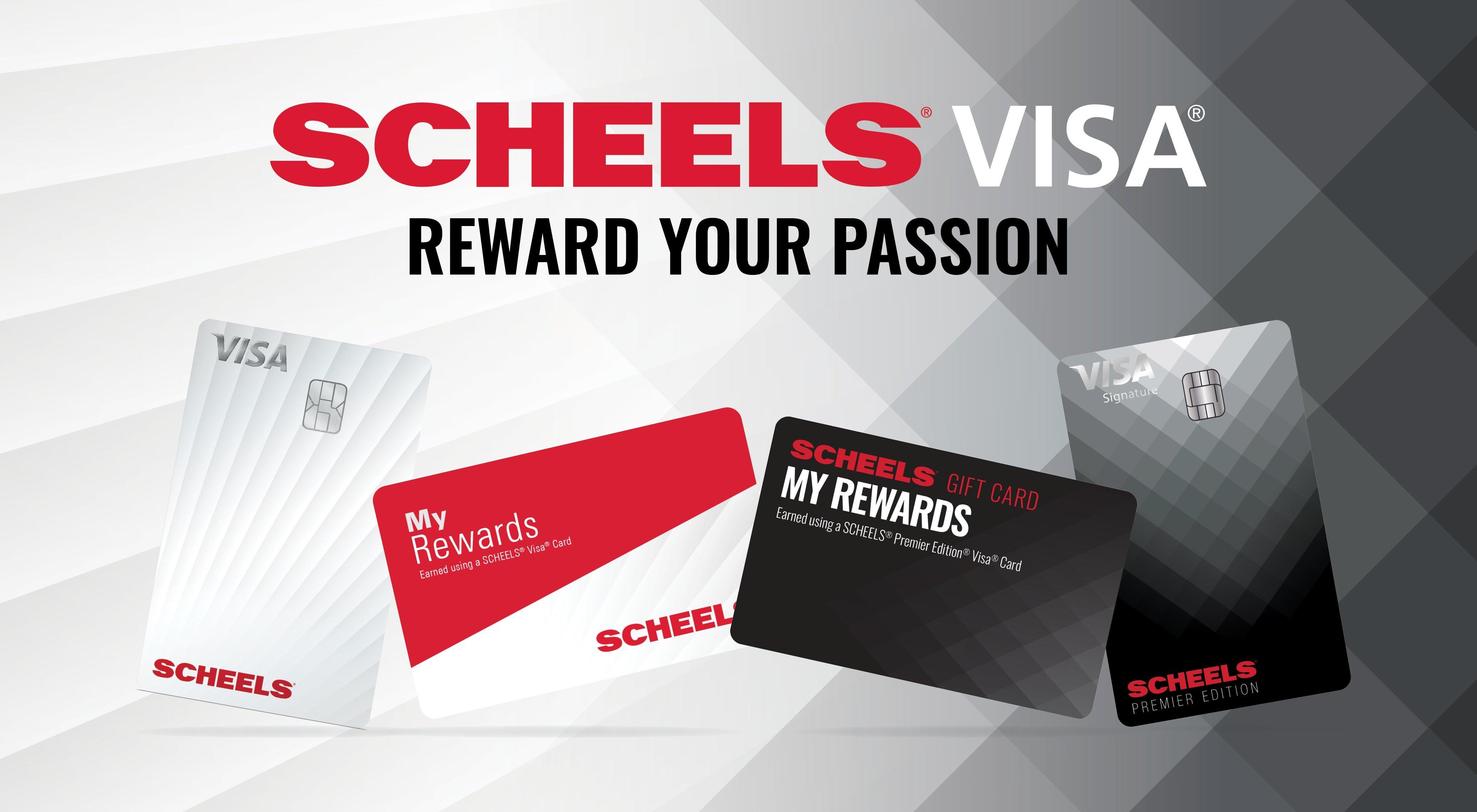 collage of visa cards and rewards, text says SCHEELS VISA reward your passion
